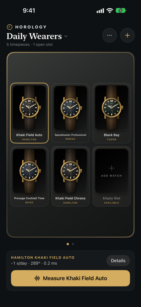 A display case with five watches