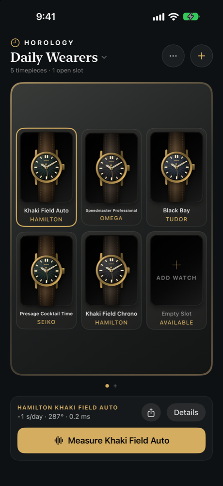 Horology on iPhone: a display case of five watches with the Measure button below