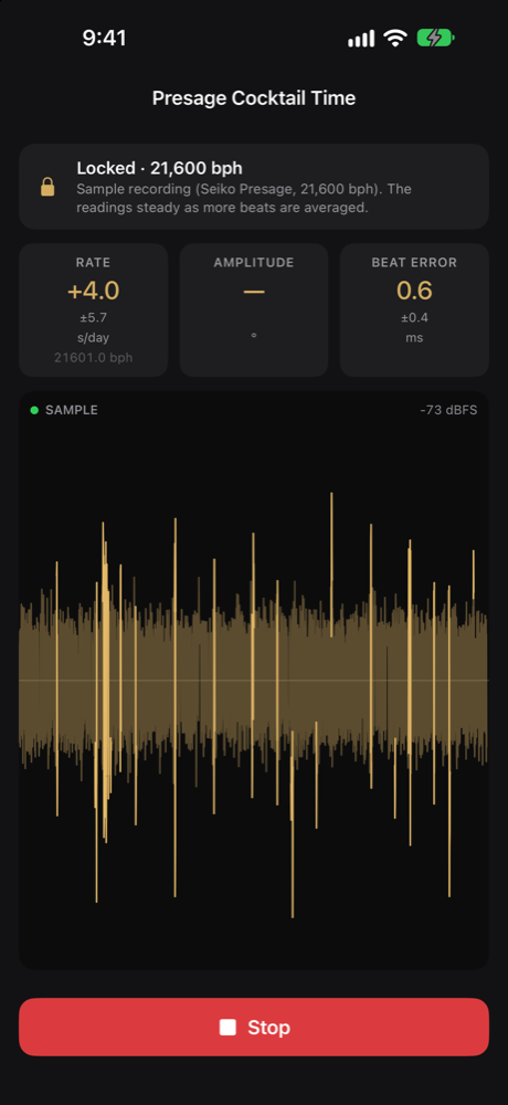 Horology measuring a watch: locked at 21,600 bph with rate, amplitude and beat error above a live waveform
