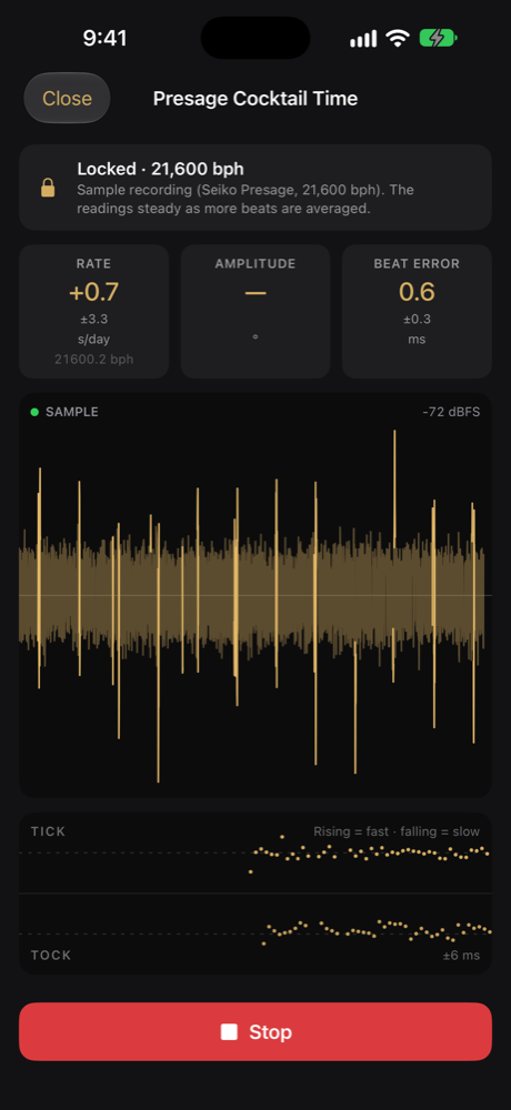 Horology measuring a watch: locked at 21,600 bph, with rate, amplitude and beat error above a live waveform and the timegrapher trace