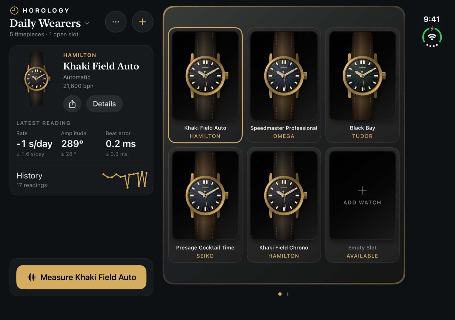 Horology on an unfolded iPhone Duo: watch details on the left and the display case on the right