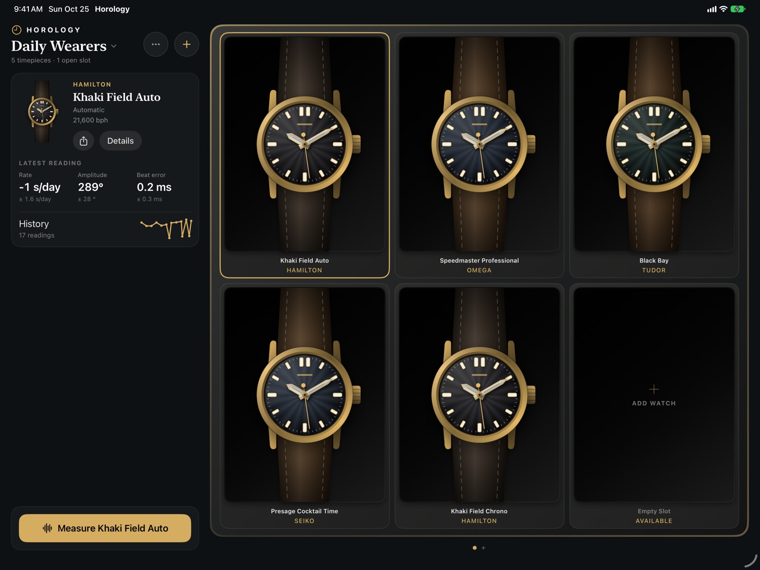 Horology on iPad in landscape: watch details on the left and the display case on the right